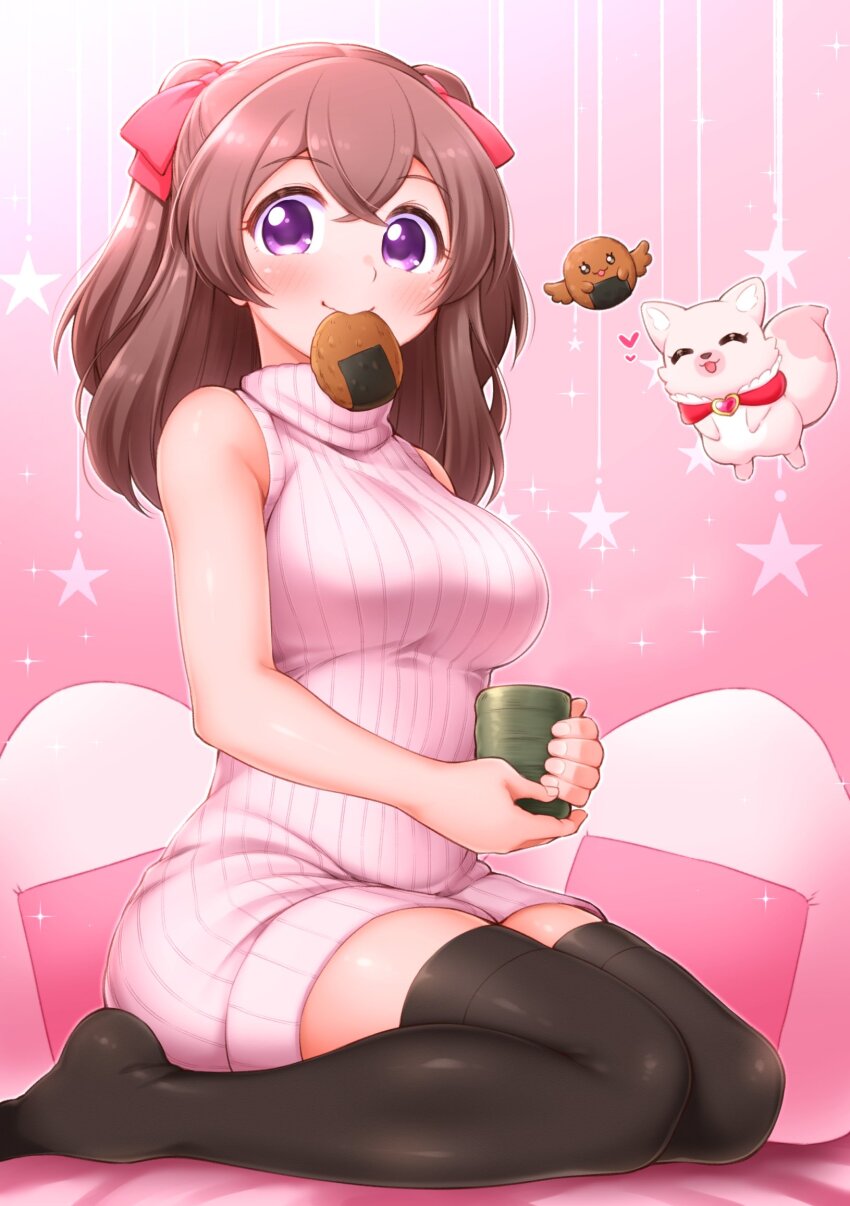 1girl arakawa_tarou bare_shoulders black_thighhighs blush bow breasts brown_hair casual commentary_request creature cup delicious_party_precure dress food food_in_mouth hair_bow hair_ribbon highres holding holding_cup kome-kome large_breasts legs long_hair mouth_hold nagomi_yui no_shoes onigiri pink_background pink_sweater precure purple_eyes recipipi red_bow ribbed_sweater ribbon senbei sitting sleeveless_turtleneck_dress solo sparkle star_(symbol) sweater sweater_dress thighhighs turtleneck two_side_up yunomi zettai_ryouiki