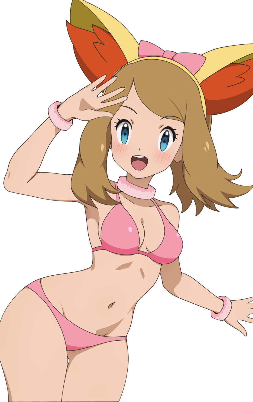 1girl absurdres bikini blue_eyes bow bracelet breasts brown_hair cleavage cosplay fennekin_(cosplay) game_freak headband highres jewelry mnkr98 navel neck_ring nintendo open_mouth pink_bikini pink_bow pokemon pokemon_xy serena_(pokemon) sidelocks standing swimsuit waving white_background