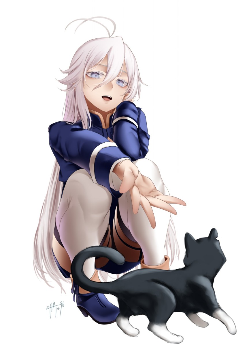 1girl 86_-eightysix- ahoge animal antenna_hair black_cat blue_eyes blue_jacket cat commentary english_commentary from_below full_body grey_eyes hair_between_eyes high_collar high_heels highres jacket long_hair long_sleeves looking_at_animal looking_down military military_uniform no_headwear open_hand open_mouth outstretched_hand signature simple_background squatting thigh_strap thighhighs thighs tp_(86_-eighty-six-) very_long_hair vladilena_millize white_background white_hair white_thighhighs window zasshu