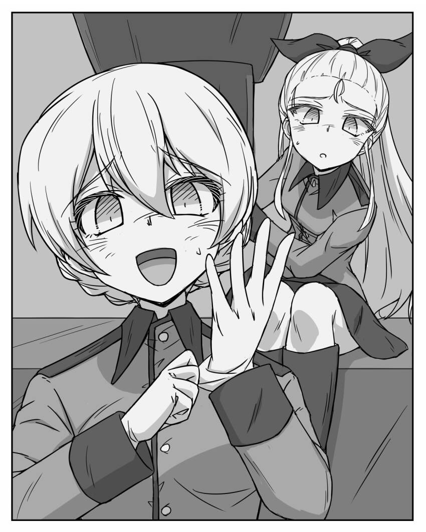 2girls adjusting_clothes adjusting_gloves assam_(girls_und_panzer) boots braid commentary darjeeling_(girls_und_panzer) frown girls_und_panzer gloves greyscale hair_pulled_back hair_ribbon highres jacket long_hair long_sleeves looking_at_viewer miniskirt monochrome multiple_girls open_mouth pleated_skirt renshiu ribbon school_uniform short_hair sitting skirt smile st._gloriana&#039;s_school_uniform sweatdrop tank_interior twin_braids