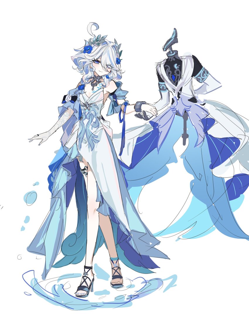 1girl absurdres aglaea_(honkai:_star_rail) aglaea_(honkai:_star_rail)_(cosplay) ahoge bare_legs bare_shoulders blue_eyes bracelet cosplay crossed_legs detached_sleeves dress furina_(genshin_impact) genshin_impact hair_ornament high_heels highres hiji_(hijichan) honkai:_star_rail honkai_(series) jewelry mannequin mihoyo nail_polish simple_background watson_cross white_background white_dress white_hair