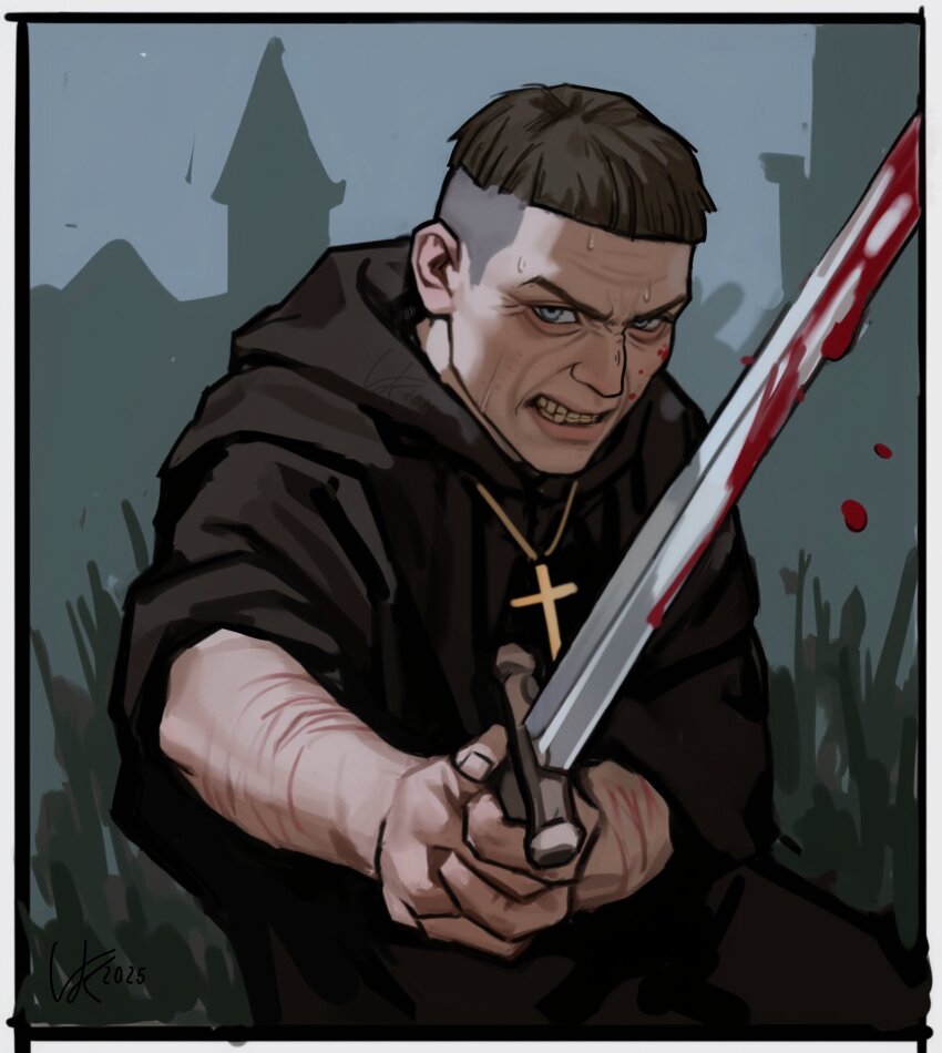 1boy black_hair blood bloody_weapon blue_eyes brown_hair clenched_teeth cross cross_necklace grey_hair hands_up highres holding holding_sword holding_weapon hood hood_down hooded_robe jewelry long_sleeves male_focus monk necklace original parted_lips robe short_hair sleeves_rolled_up sword teeth vankraut weapon wrinkled_skin