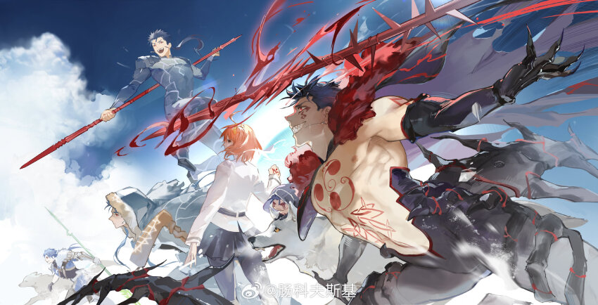 1girl 4boys abs blue_sky capelet chaldea_uniform chang_ke_fu_si_ji crazy_smile cu_chulainn_(caster)_(fate) cu_chulainn_(fate) cu_chulainn_(fate/prototype) cu_chulainn_(fate/stay_night) cu_chulainn_alter_(fate) cu_chulainn_alter_(third_ascension)_(fate) facial_hair fate/grand_order fate_(series) feet_out_of_frame fighting_stance from_side fujimaru_ritsuka_(female) fur-trimmed_hood fur_trim gae_bolg_(fate) hemokinesis highres holding holding_polearm holding_weapon hood hooded_capelet lance mini_cu-chan_(fate) multiple_boys muscular muscular_male navel_hair polearm profile short_hair sideburns_stubble sky smile staff stubble weapon wooden_staff