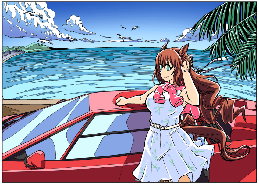1girl animal_ears beach belt bird breasts brown_hair car cloud dress from_side green_eyes hair_between_eyes horse_ears horse_girl horse_tail horyuu jacket_around_neck lamborghini_countach large_breasts long_hair maruzensky_(umamusume) motor_vehicle red_car seizo_watase_(style) sleeveless sleeveless_dress solo tail umamusume vehicle_focus white_dress