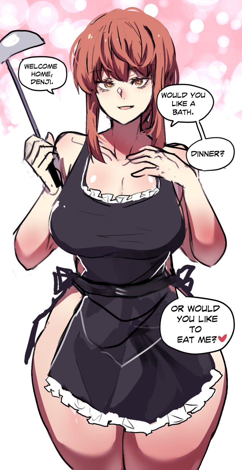 1girl apron bare_shoulders black_apron breasts chainsaw_man cleavage commentary cowboy_shot english_commentary english_text highres hinghoi holding holding_ladle housewife ladle large_breasts looking_at_viewer makima_(chainsaw_man) naked_apron open_mouth red_hair ringed_eyes shinkon_santaku sidelocks sketch smile solo speech_bubble standing