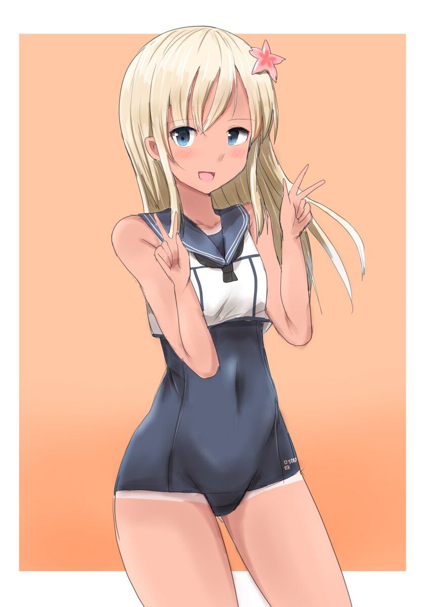 1girl absurdres black_neckerchief black_one-piece_swimsuit blonde_hair blue_eyes blue_sailor_collar contrapposto covered_navel crop_top double_v flower gradient_background hair_flower hair_ornament highres kamaboko_senshi kantai_collection long_hair neckerchief one-piece_swimsuit one-piece_tan orange_background ro-500_(kancolle) sailor_collar school_swimsuit shirt sleeveless sleeveless_shirt solo standing swimsuit swimsuit_under_clothes tan tanline v white_shirt