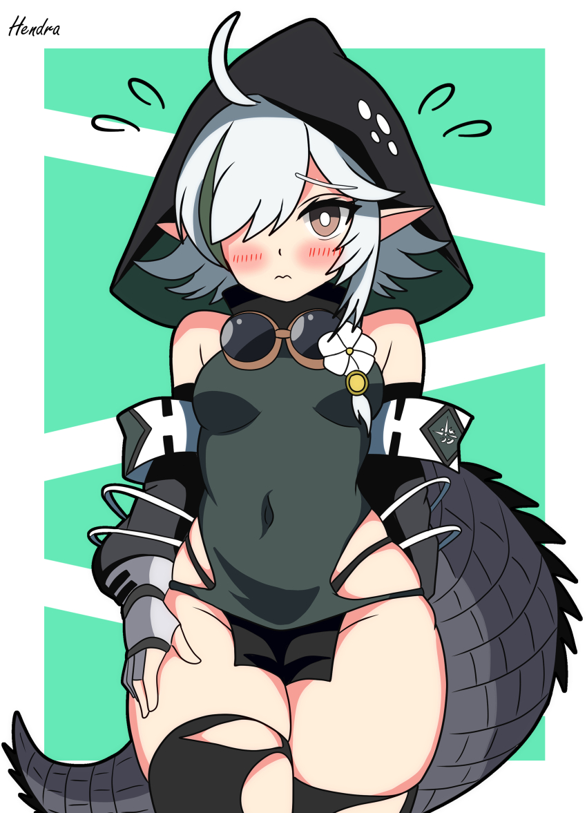 1girl absurdres ahoge arknights artist_name black_thighhighs blush breasts closed_mouth commentary_request covered_navel crocodile_girl crocodilian_tail flying_sweatdrops goggles goggles_around_neck green_background hair_over_one_eye hendra highres hood hood_up leotard medium_breasts partial_commentary pointy_ears short_hair signature simple_background solo tail thick_thighs thighhighs thighs tomimi_(arknights) torn_clothes torn_thighhighs white_hair