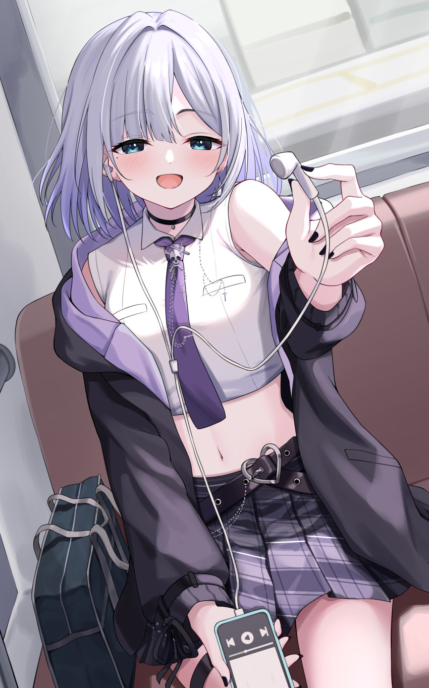 1girl bag bare_shoulders black_choker black_jacket black_nails blue_eyes blush choker collared_shirt cropped_shirt dutch_angle earphones foreshortening half-closed_eyes heart_belt highres jacket kaga_sumire kaga_sumire_(2nd_costume) long_sleeves looking_at_viewer midriff miniskirt mole mole_under_eye navel necktie open_clothes open_jacket open_mouth pendant_choker plaid_clothes plaid_skirt pleated_skirt purple_necktie purple_skirt school_bag school_uniform shirt single_earphone_removed sitting skirt sleeveless sleeveless_shirt solo stomach syurimp thigh_strap train_interior virtual_youtuber vspo! white_shirt window