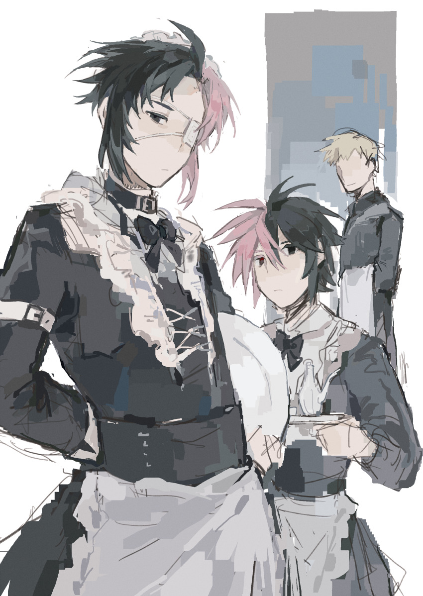3boys absurdres alternate_costume apron arms_behind_back black_bow black_bowtie black_choker black_dress black_eyes black_hair blonde_hair bow bowtie chinese_commentary choker closed_mouth commentary_request crossdressing curtained_hair dress enmaided expressionless eyepatch haruno_shion heterochromia highres holding holding_plate lei_renqun_xing_shanyao_shi long_sleeves maid male_focus male_maid medical_eyepatch multicolored_hair multiple_boys mutsushika_misumi nanami_izu parted_bangs pink_hair plate red_eyes saibou_shinkyoku short_hair sketch smile split-color_hair two-tone_hair white_apron