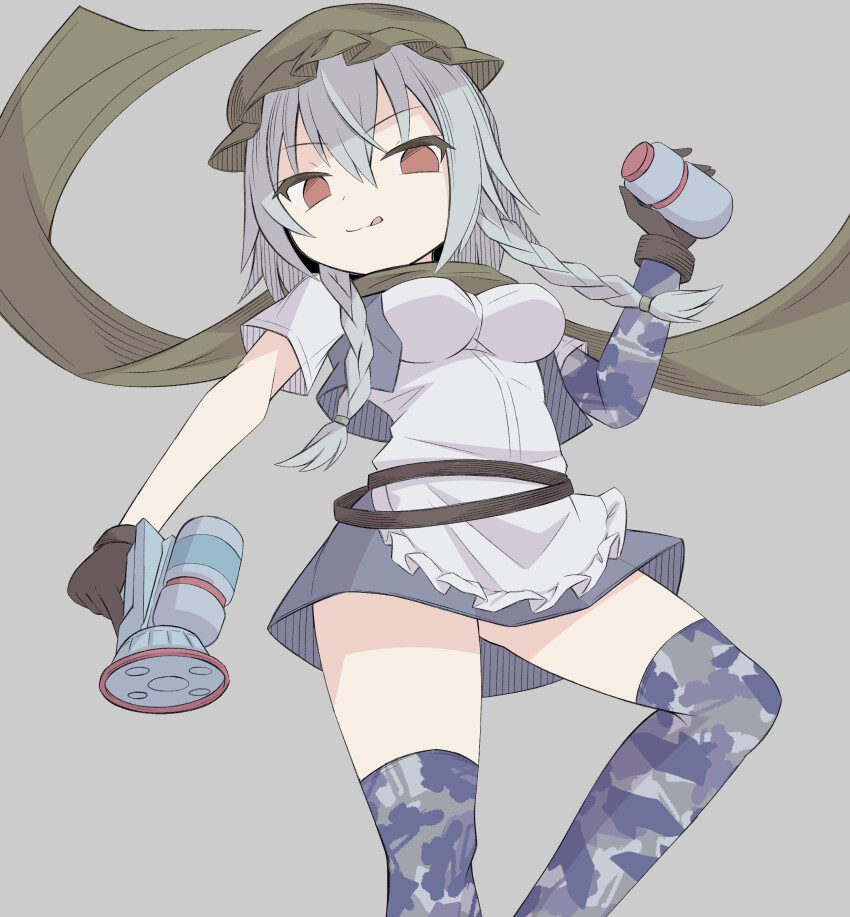 :q apron belt black_belt blue_skirt blue_vest braid breasts camouflage_gloves camouflage_socks canister dekaraitaa elbow_gloves flat_color frilled_apron frilled_hat frills gloves green_gloves green_headwear green_scarf grey_background grey_hair hat highres izayoi_sakuya izayoi_sakuya_(flower_viewing) maid medium_breasts medium_hair miniskirt mob_cap official_alternate_costume open_clothes open_vest paint_gun red_eyes scarf single_glove skirt thighhighs tongue tongue_out touhou touhou_cannonball twin_braids vest white_apron