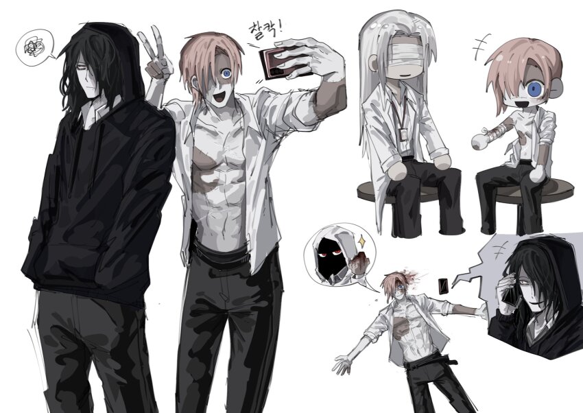 1girl 3boys bandaged_arm bandages black_eyes black_hair black_hoodie bleeding blood blood_from_forehead bloody_bandages blue_eyes cellphone doctor hair_over_one_eye hands_in_pockets heroine_(homicipher) highres holding holding_phone homicipher hood hood_up hoodie injury long_hair mr._gap mr._silvair mr._stitch multiple_boys neung684727 open_clothes open_shirt phone pink_hair selfie shirt short_hair simple_background smartphone toned toned_male v white_background white_hair white_shirt
