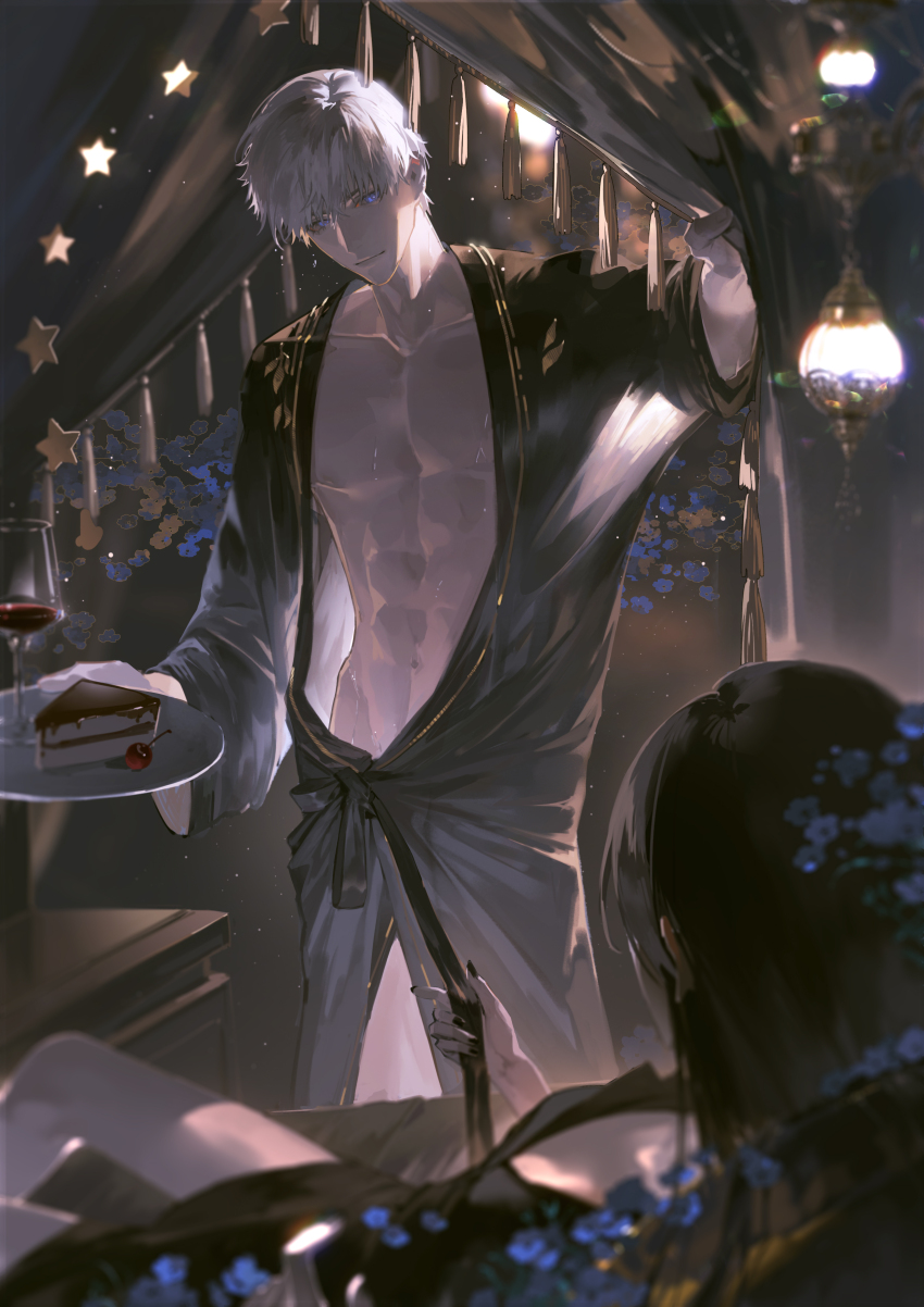 1boy 1girl abs absurdres bare_pectorals black_dress black_hair black_nails black_robe blue_eyes blue_flower breasts cake closed_mouth collarbone couple cowboy_shot cup curtains dress drinking_glass flower flower_request food groin hashtag-only_commentary hetero highres holding holding_plate holding_sash lamp light_particles long_hair looking_at_another love_and_deepspace male_focus naked_robe navel nipples open_clothes open_robe pectorals plate protagonist_(love_and_deepspace) robe sash short_hair shuangbatian small_breasts star_ornament sweatdrop toned toned_male waist_sash wet wet_hair white_hair wide_sleeves wine_glass xavier_(love_and_deepspace)