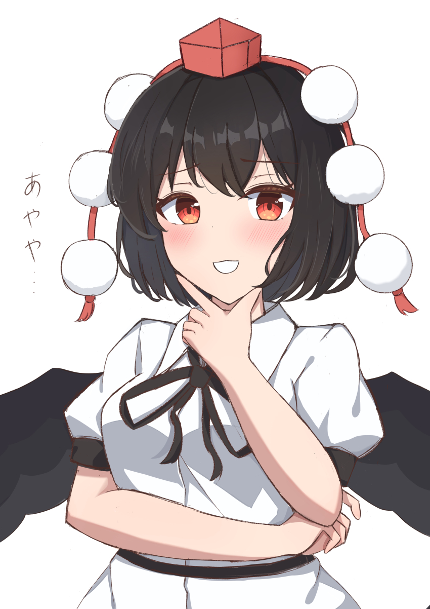 1girl absurdres ayaya~ belt bird_wings black_belt black_wings breasts collared_shirt commentary_request erumaday00 feathered_wings hat highres neck_ribbon pom_pom_(clothes) puffy_short_sleeves puffy_sleeves red_eyes red_hat ribbon shameimaru_aya shirt short_sleeves simple_background small_breasts solo tassel touhou white_background white_shirt wings