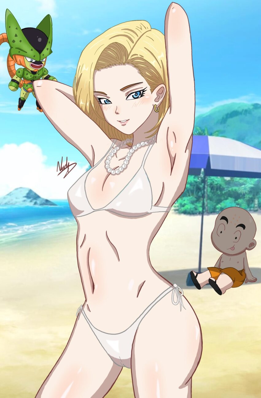 1boy 1girl 1other android_18 arms_behind_head beach bikini blonde_hair blue_eyes cell_(dragon_ball) creature day dragonball_z earrings grin highres jewelry kuririn looking_at_another looking_at_viewer mountain navel semi-perfect_cell shiny_skin sitting smile standing swimsuit thighs tongue tongue_out umbrella water