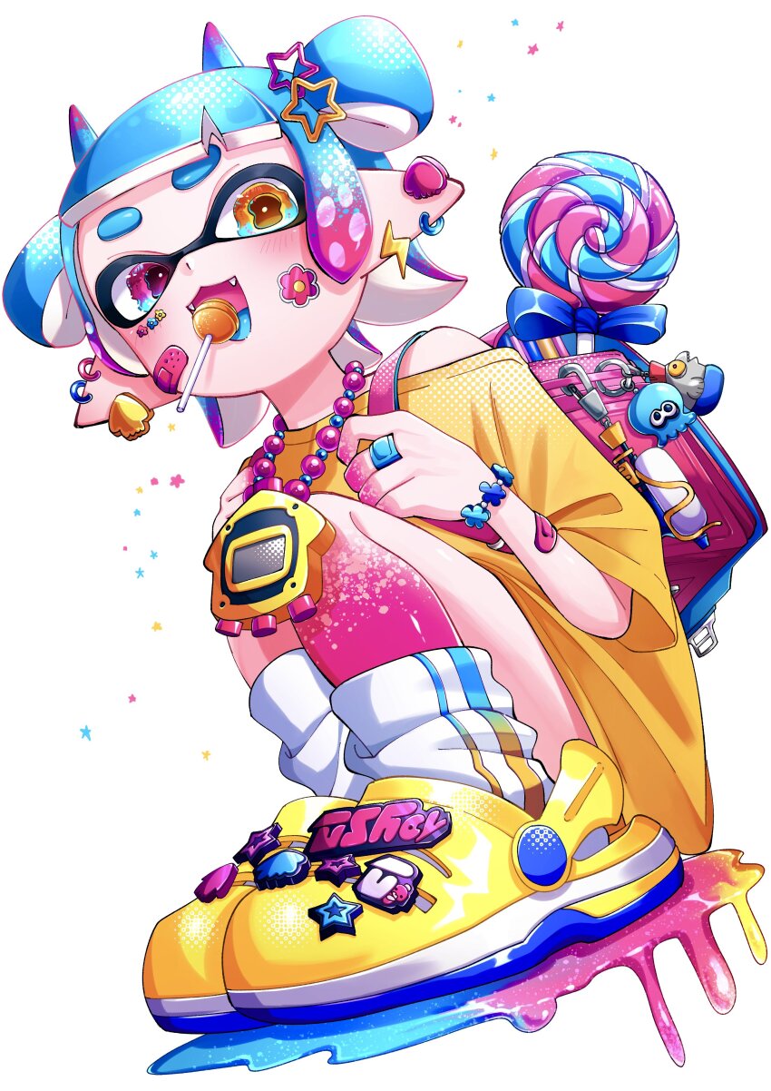1girl 6roku_6roku :3 absurdres backpack bag bag_charm bandaid bandaid_on_arm bandaid_on_cheek bandaid_on_face bandaid_on_hand bead_necklace beads blue_eyes blue_hair blue_tongue bracelet candy charm_(object) colored_extremities colored_tongue commentary crocs double_bun earrings flower_sticker food food_in_mouth full_body gradient_eyes gradient_hair hair_bun hair_horns hair_ornament halftone heterochromia highres inkling inkling_girl inkling_player_character jewelry lightning_bolt_earrings lightning_bolt_symbol lollipop mouth_hold multicolored_eyes multicolored_hair multiple_earrings necklace nintendo off_shoulder open_mouth orange_eyes pink_bag pink_eyes pink_hair pointy_ears randoseru shirt shoes short_eyebrows short_hair sidelocks simple_background smallfry_(splatoon) socks solo splatoon_(series) splattershot_(splatoon) squatting star_(symbol) star_hair_ornament sticker_on_face swirl_lollipop symbol-only_commentary tentacle_hair thick_eyebrows two-tone_eyes two-tone_hair white_background white_socks yellow_shirt yellow_shoes