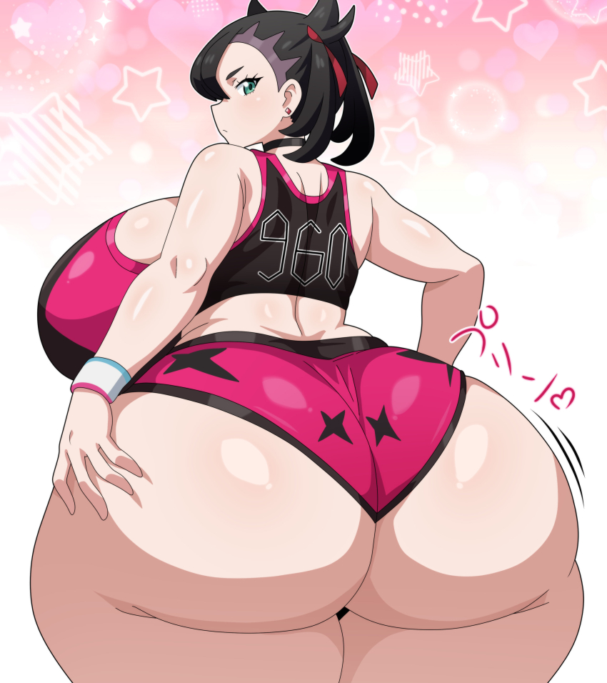 1girl absurdres ass ass_focus black_hair blue_eyes breasts choker earrings eyelashes female_focus highres hitokiwa_kenchin huge_ass huge_breasts jewelry looking_at_viewer looking_back marnie_(pokemon) midriff nintendo pokemon pokemon_swsh shiny_skin short_hair shorts sideboob solo standing thick_thighs thighs wide_hips