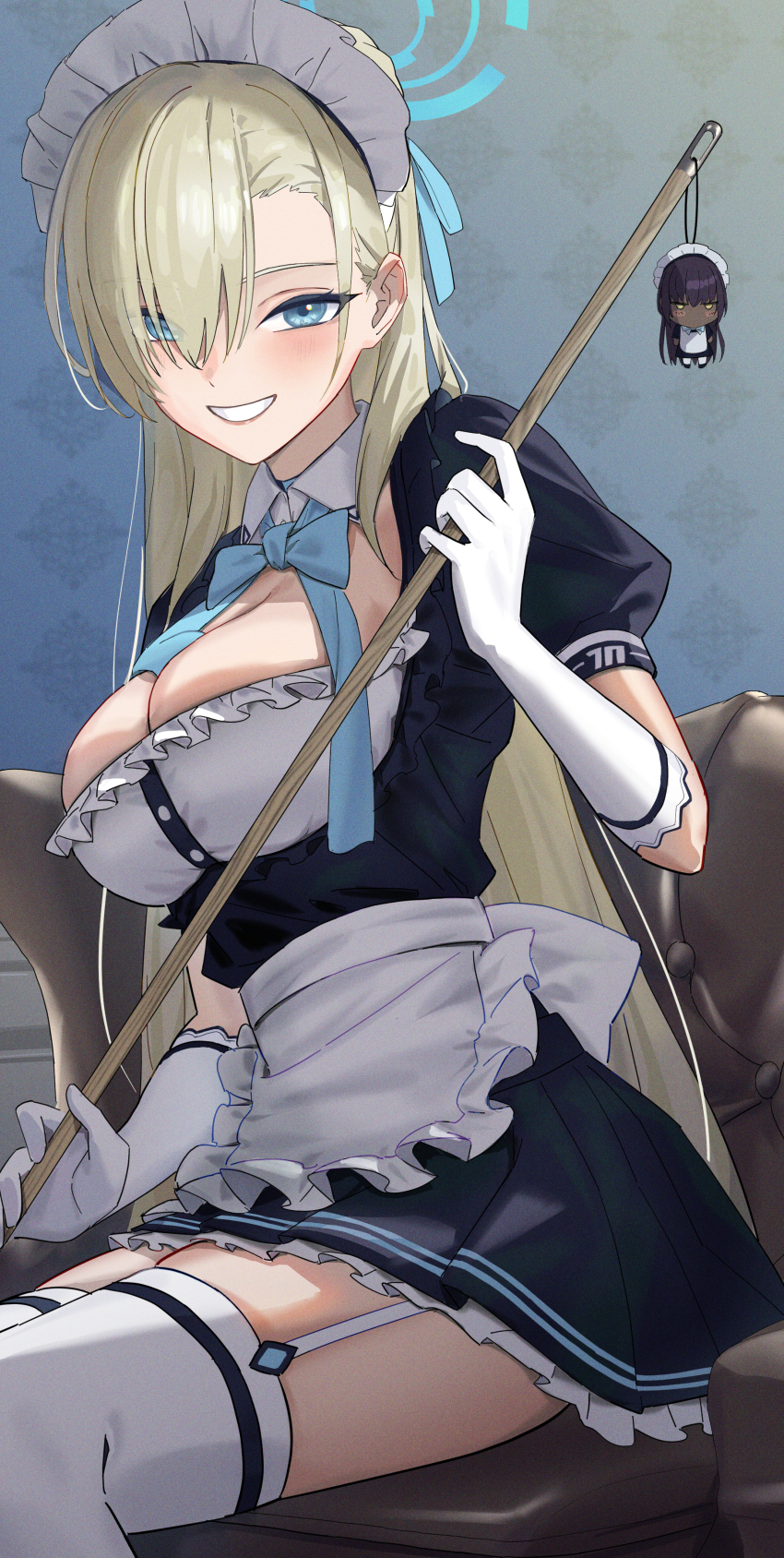 1girl absurdres aqua_eyes asuna_(blue_archive) black_skirt blonde_hair blue_archive breasts charm_(object) chibi cleavage couch garter_belt garter_straps gloves grin highres holding holding_mop karin_(blue_archive) large_breasts long_hair looking_at_viewer maid maid_headdress mop sitting skirt smile solo takeda_yousuke teeth thighhighs white_garter_straps white_gloves white_thighhighs
