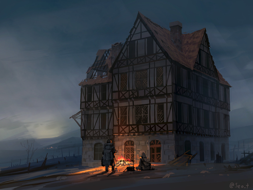 2others arch architecture bare_tree building chimney dirt facing_away fire fireplace fog gable_roof mountainous_horizon multiple_others night night_sky on_floor original outdoors rubble scenery seo_tatsuya sky standing tile_wall tiles tree twitter_username very_wide_shot window