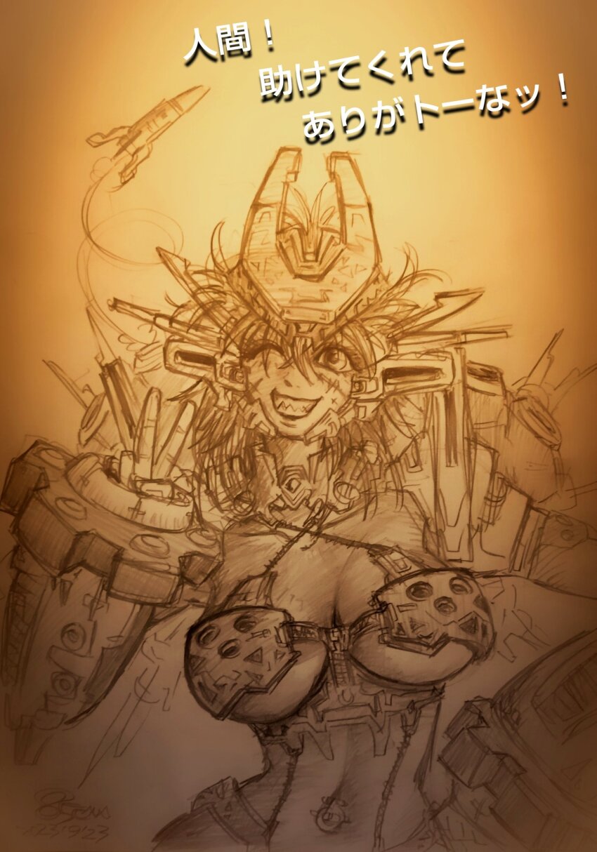 1girl 85cm85cm arm_armor armor breastplate breasts chatterbox_(nikke) cleavage goddess_of_victory:_nikke helmet highres large_breasts messy_hair one_eye_closed personification rapture_(nikke) sharp_teeth sketch solo teeth traditional_media