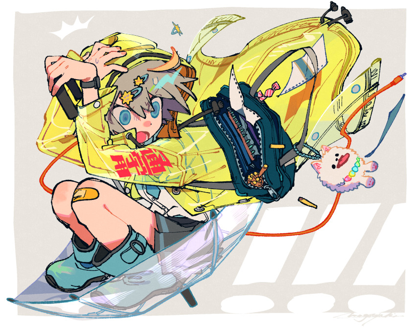 1girl bag bag_charm bandaid bandaid_on_knee bandaid_on_leg blue_boots blue_eyes boots border cable charm_(object) coat grey_background grey_skirt hair_ornament hairclip hand_on_own_head hands_up highres hood hood_up hooded_coat in_umbrella long_sleeves looking_to_the_side magotsuki_(hurray) miniskirt open_bag open_clothes open_coat open_mouth original paper pleated_skirt raincoat school_bag skirt solo swimsuit transparent transparent_umbrella umbrella watch white_border wristwatch yellow_coat