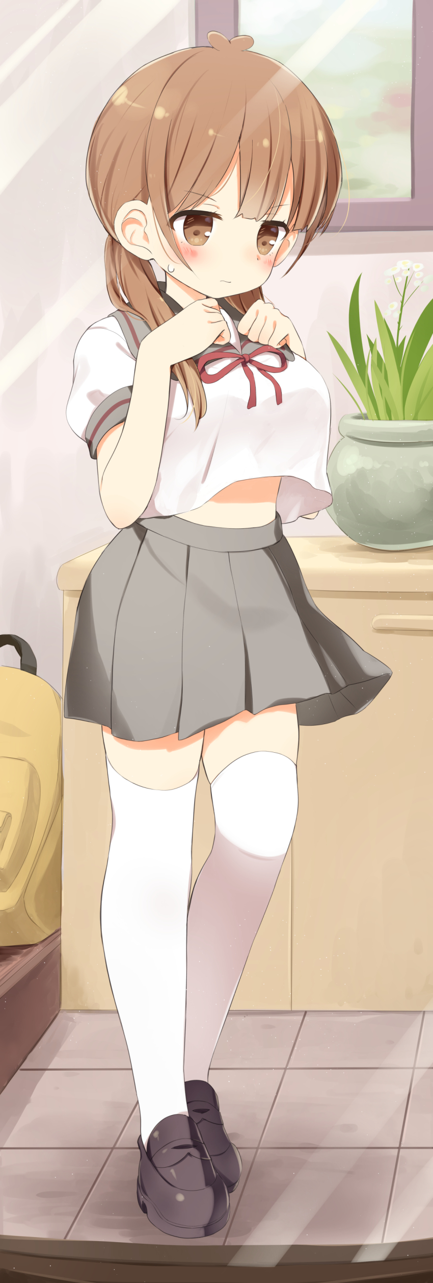 1girl absurdres backpack bag breasts brown_eyes clenched_hands frown hand_on_own_chest highres ichiyo12 large_breasts light_blush light_brown_hair medium_hair midriff_peek multicolored_hair original plant potted_plant school_uniform serafuku short_sleeves standing streaked_hair thighhighs twintails white_serafuku white_thighhighs window zettai_ryouiki