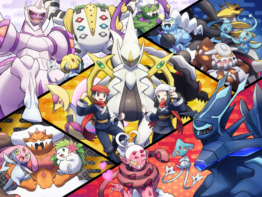 1boy 1girl :d ;d absurdres akari_(pokemon) arceus azelf black_hair black_sash black_shirt commentary_request creatures_(company) cresselia darkrai dialga dialga_(origin) enamorus enamorus_(incarnate) game_freak gen_4_pokemon gen_5_pokemon giratina giratina_(origin) grey_jacket grey_pants grey_skirt hands_up happy hat headscarf heatran highres ice_ground jacket landorus landorus_(incarnate) legendary_pokemon manaphy mesprit mythical_pokemon nintendo one_eye_closed open_mouth palkia palkia_(origin) pants phione pokemon pokemon_(creature) pokemon_legends:_arceus red_headwear red_scarf regigigas rei_(pokemon) sash scarf shaymin shaymin_(land) shirt short_hair skirt smile thundurus thundurus_(incarnate) tornadus tornadus_(incarnate) uxie white_headscarf white_headwear