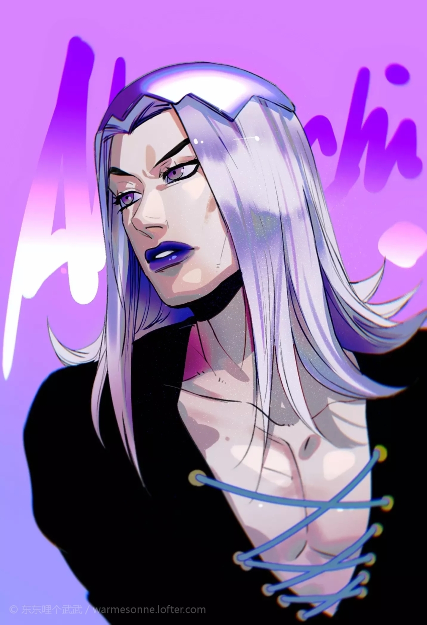 1boy black_shirt character_name collarbone eyelashes grey_hair highres jojo_no_kimyou_na_bouken leone_abbacchio long_hair looking_ahead male_focus parted_lips pectoral_cleavage pectorals purple_background purple_eyes purple_lips shirt solo tobu_(bilibil) upper_body vento_aureo