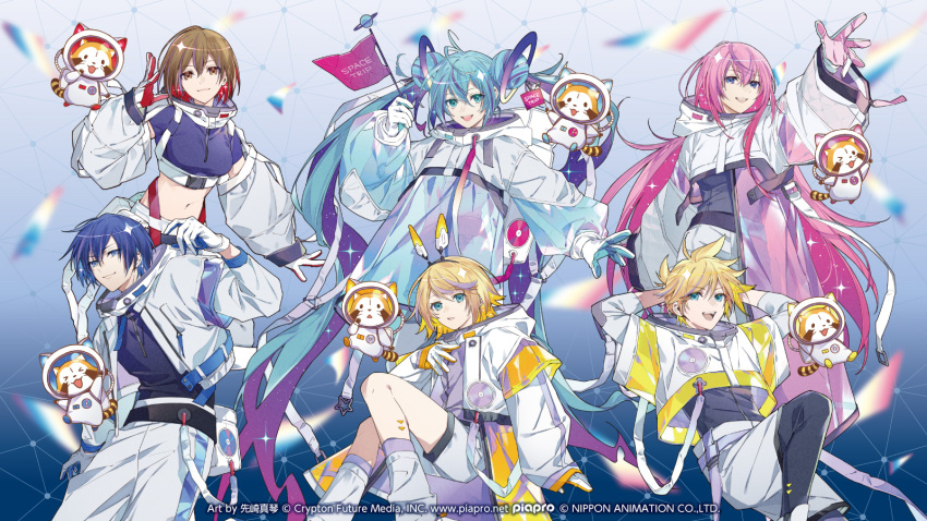 2boys 4girls aqua_hair astronaut blonde_hair blue_gloves blue_hair blue_shirt blurry breasts brown_hair colored_inner_hair commentary_request crop_top cropped_jacket depth_of_field double_bun english_text flag gloves grey_jacket grey_pants grey_shorts hair_bun hairband hatsune_miku highres holding holding_flag jacket kagamine_len kagamine_rin kaito_(vocaloid) long_hair megurine_luka meiko_(vocaloid) multicolored_hair multiple_boys multiple_girls navel official_art pants pink_gloves pink_hair purple_hair red_gloves red_hair second-party_source senzaki_makoto shirt shorts two-tone_gloves very_long_hair vocaloid white_gloves white_jacket