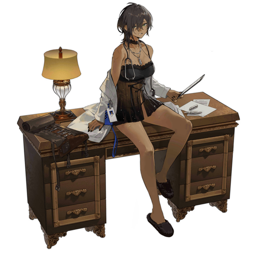 1girl babydoll bahao_diqiu black_choker black_hair black_nails black_panties black_ribbon breasts choker clipboard colt_walker_(girls&#039;_frontline) colt_walker_(pillow_talk_with_maggie)_(girls&#039;_frontline) dark-skinned_female dark_skin desk drawer earrings eyebrows_hidden_by_hair girls&#039;_frontline green_eyes grin highres holding holding_clipboard id_card jewelry lab_coat lace lace_choker lace_trim lamp lanyard large_breasts looking_at_viewer medium_hair messy_hair necklace necklace_between_breasts official_alternate_costume official_art on_desk panties paper pen ribbon sitting slippers smile stethoscope stud_earrings sweat tools transparent_background tsurime underwear wooden_desk