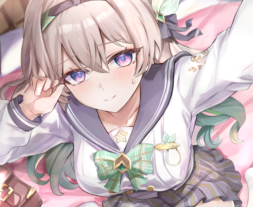 1girl arm_up bed black_bow black_hairband blue_eyes blush bow bowtie breasts closed_mouth collarbone firefly_(honkai:_star_rail) firefly_(spring_missive)_(honkai:_star_rail) green_bow green_bowtie grey_sailor_collar grey_skirt hair_bow hairband hand_up highres honkai:_star_rail honkai_(series) indoors large_breasts long_sleeves looking_at_viewer multicolored_eyes official_alternate_costume on_bed paid_reward_available plaid_clothes plaid_skirt purple_eyes revision sailor_collar school_uniform serafuku shirt skirt solo sweatdrop tomas_(kaosu22) white_shirt