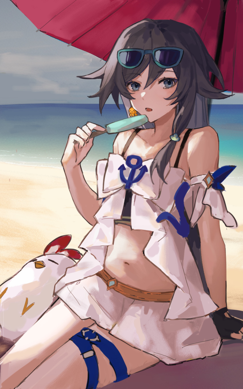 1girl absurdres bare_shoulders beach beach_umbrella bikini black_gloves blue-framed_eyewear blue_eyes eyewear_on_head food fu_hua fu_hua_(seagull&#039;s_soar) fu_hua_(shadow_knight) gloves grey_hair highres holding holding_food holding_popsicle honkai_(series) honkai_impact_3rd jingwei_(bird) long_hair looking_at_viewer navel on_ground open_mouth popsicle qink45 shell_hair_ornament single_glove sitting solo stomach sunglasses swimsuit thigh_strap umbrella white_bikini