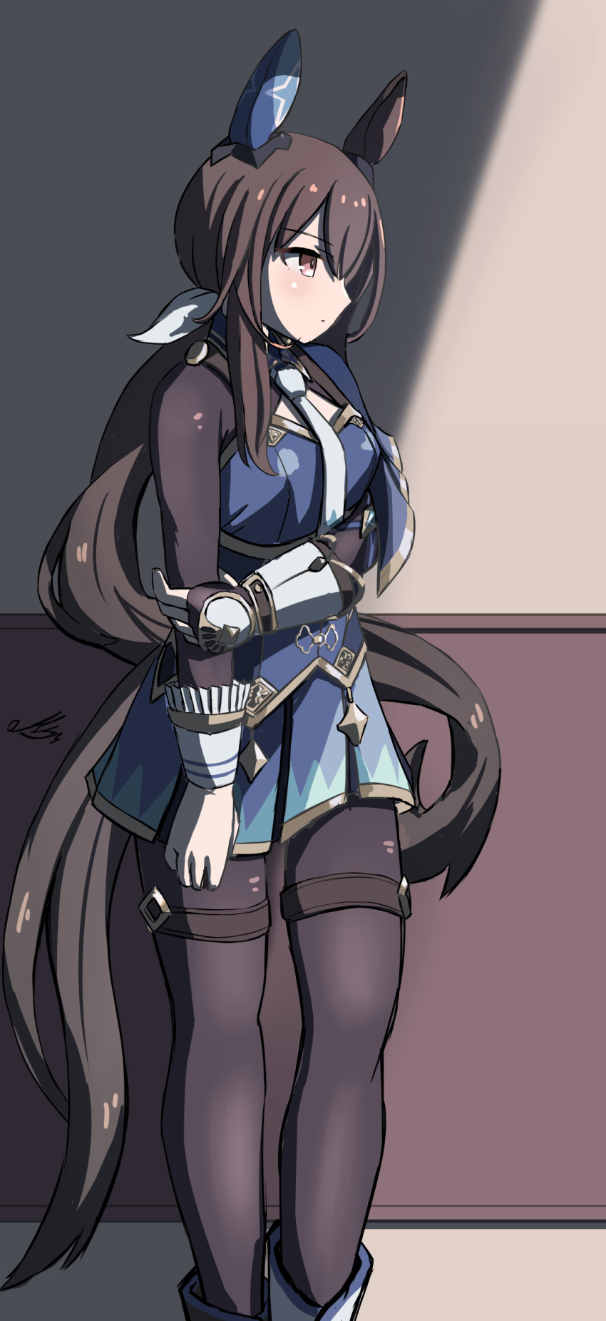 1girl absurdres admire_vega_(umamusume) animal_ears black_pantyhose blue_skirt brown_eyes brown_hair ear_covers feet_out_of_frame highres horse_ears horse_girl horse_tail long_hair long_sleeves looking_to_the_side low_ponytail necktie pantyhose ponytail ribbon signature single_ear_cover skirt solo tail tanasiso umamusume white_necktie white_ribbon