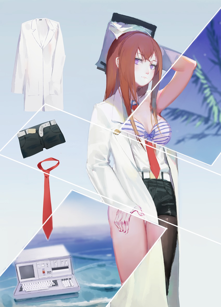 1girl 5pb. arm_up bad_id bad_pixiv_id belt bikini black_pantyhose black_shorts brown_hair clipboard closed_mouth collared_shirt dress_shirt female_focus frown gradient_background highres hoshimawa lab_coat long_hair long_sleeves looking_at_viewer makise_kurisu necktie nitroplus ocean palm_tree pantyhose pantyhose_under_shorts purple_eyes red_necktie revealing_layer science_adventure shirt shorts sketch sky solo steins;gate striped_bikini striped_clothes swimsuit thigh_gap tree unworn_necktie unworn_shorts water white_shirt