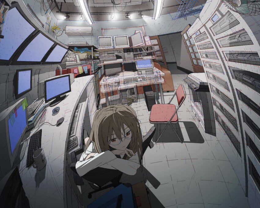 1girl air_conditioner brown_hair chair closed_mouth coat commentary computer crt english_commentary expressionless fisheye fluorescent_lamp folding_chair glasses highres indoors laboratory long_hair long_sleeves microsoft_paint_(medium) monitor office_chair original red_eyes server shelf sitting sitting_backwards solo swivel_chair tile_floor tiles tkwkai white_coat