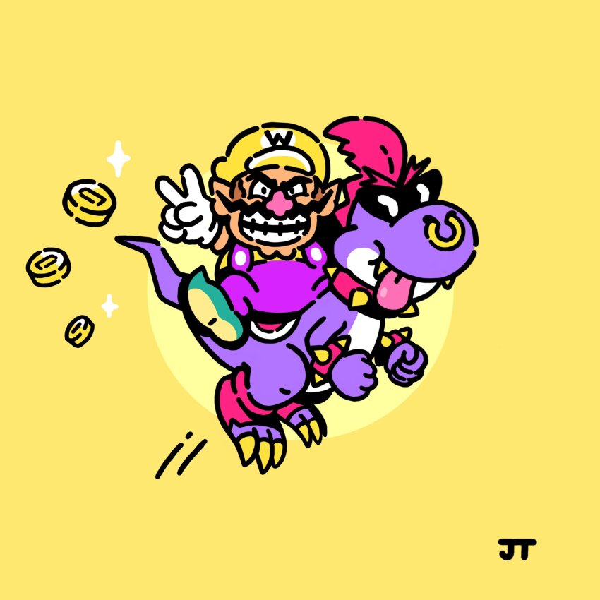 1boy big_nose boshi_(super_mario_rpg) bracelet brown_hair chibi coin collar commentary dinosaur english_commentary facial_hair fangs gloves gold_coin grin happy hat highres inktober james_turner jewelry looking_at_viewer male_focus mario_(series) motion_lines mustache nintendo nose_piercing nose_ring overalls piercing pink_hair pointy_ears purple_overalls riding shirt short_hair signature smile sparkle spiked_bracelet spiked_collar spikes sunglasses super_mario_rpg teeth v wario white_gloves yellow_background yellow_hat yellow_shirt