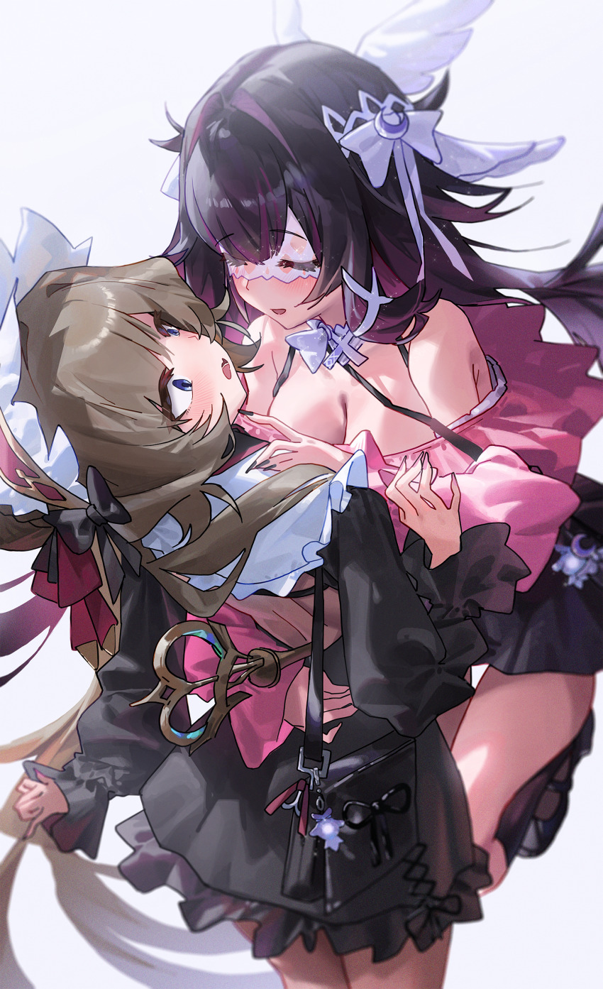 2girls absurdres alternate_costume back_cutout bag black_dress black_hair black_nails blush breasts brown_hair chun_nam cleavage closed_eyes clothing_cutout colored_tips columbina_(genshin_impact) commentary dress eye_mask face-to-face genshin_impact head_wings headdress highres hug long_hair mask medium_breasts multicolored_hair multiple_girls purple_hair sandrone_(genshin_impact) shoulder_bag simple_background symbol-only_commentary white_background white_mask wings x-shaped_eyewear yuri