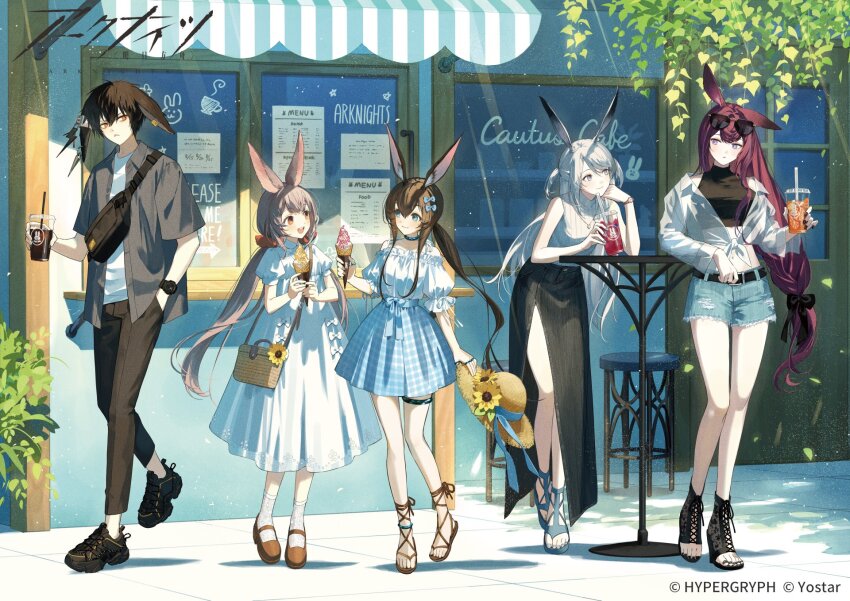 1boy 4girls amiya_(arknights) animal_ear_piercing animal_ears arknights awning ayerscarpe_(arknights) bag black_bag black_footwear black_shirt black_skirt blue_bow blue_skirt bow brown_footwear brown_hair brown_pants cafe commentary_request company_name copyright_name copyright_notice crop_top denim denim_shorts dress drink english_text eyewear_on_head fanny_pack flower grey_eyes grey_hair grey_shirt grey_sweater hair_bow handbag hat hat_flower highres holding holding_drink holding_ice_cream_cone holding_unworn_clothes holding_unworn_hat ice_cream_cone infection_monitor_(arknights) leaning_forward long_hair lop_rabbit_ears multiple_girls official_alternate_costume official_art orange_eyes outdoors pants plaid_clothes plaid_skirt ponytail puffy_short_sleeves puffy_sleeves purple_eyes rabbit_boy rabbit_ears rabbit_girl ray_(arknights) red_hair ribbed_sweater sandals savage_(arknights) shadow shirt shoes short_hair short_sleeves shorts side_slit sitting skirt sneakers socks sun_hat sunflower sunglasses sweater table thigh_strap tied_shirt toeless_footwear trait_connection tree ugonba_(howatoro) unworn_hat unworn_headwear warmy_(arknights) watch white_dress white_shirt white_socks window wristwatch yellow_flower