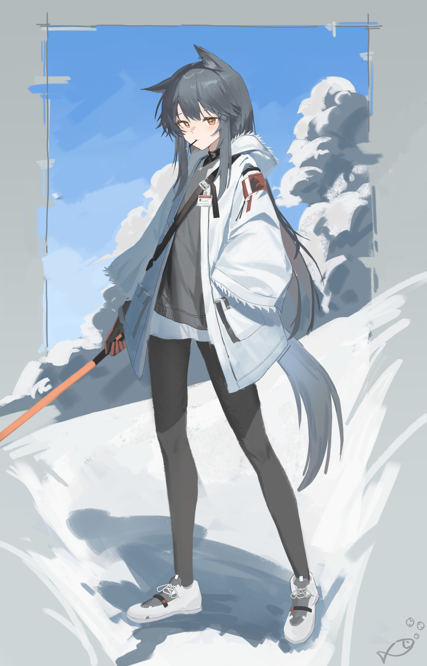 1girl absurdres animal_ear_fluff animal_ears arknights black_hair black_pantyhose black_shirt blue_sky border chinese_commentary commentary_request crossbody_bag food food_in_mouth fur-trimmed_jacket fur_trim gloves grey_background highres holding holding_sword holding_weapon id_card jacket long_hair looking_at_viewer orange_eyes orange_gloves outdoors pantyhose pocky pocky_in_mouth shirt shoes shorts sidelocks simple_background sky snow solo sword tail texas_(arknights) texas_(winter_messenger)_(arknights) weapon white_jacket white_shoes white_shorts wolf_ears wolf_tail yu_juan