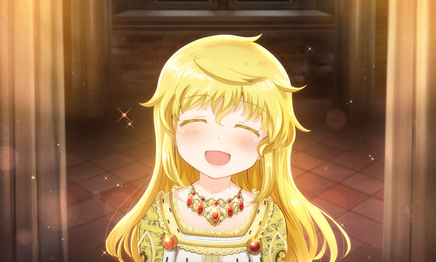 1girl aged_down ahoge blonde_hair blush castle closed_eyes colored_eyelashes gem happy indoors isabeau_de_baviere_(madoka_magica) jewelry light_particles long_hair magia_record:_mahou_shoujo_madoka_magica_gaiden mahou_shoujo_madoka_magica mahou_shoujo_tart_magica messy_hair necklace official_art open_mouth parted_lips pattern_request queen royal_robe sidelocks smile solo sparkle upper_body