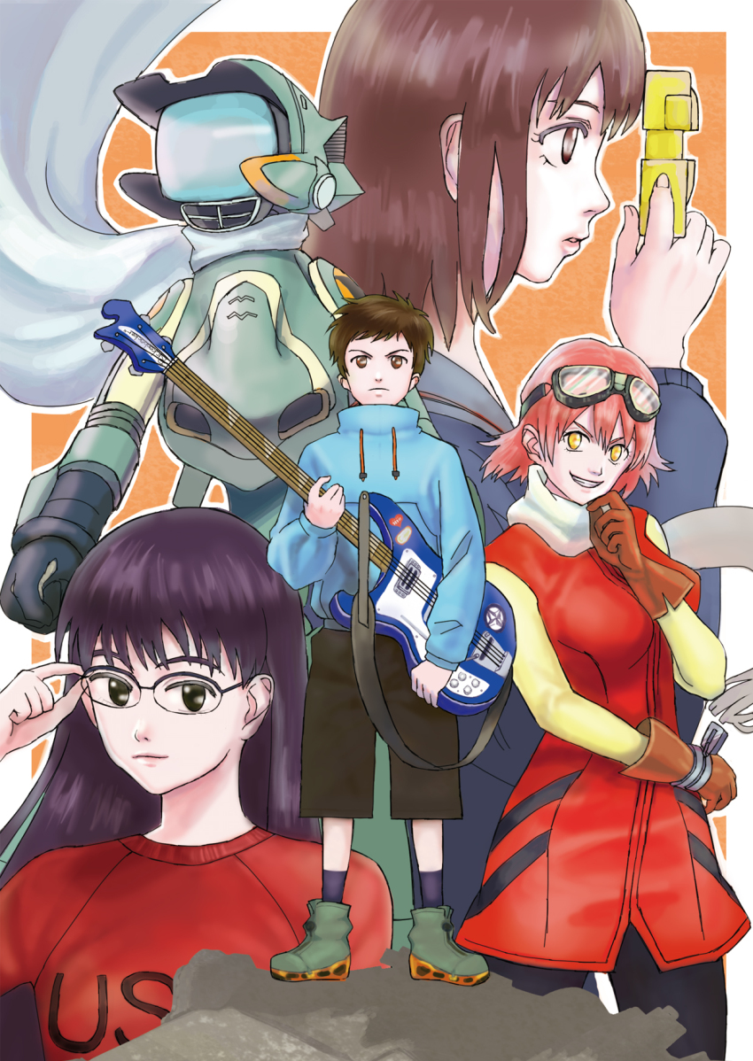 1boy 3girls black_pants blue_jacket boots breasts brown_eyes brown_gloves brown_hair camera canti cape electric_guitar flcl full_body glasses gloves goggles goggles_on_head green_boots guitar haruhara_haruko highres holding holding_camera holding_removed_eyewear instrument jacket long_hair medium_breasts multiple_girls nandaba_naota ninamori_eri pants pink_hair purple_hair red_shirt robot roporopo samejima_mamimi shirt short_hair shorts unworn_eyewear upper_body white_sleeves wrist_cuffs yellow_eyes