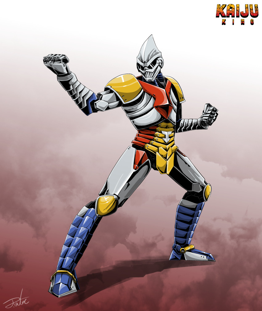 absurdres clenched_hand english_text fighting_stance full_body godzilla_(series) godzilla_vs._megalon_(1973) gradient_background gugenheim98 highres jet_jaguar joints mecha mecha_focus no_humans robot robot_joints science_fiction signature solo standing super_robot toho tokusatsu