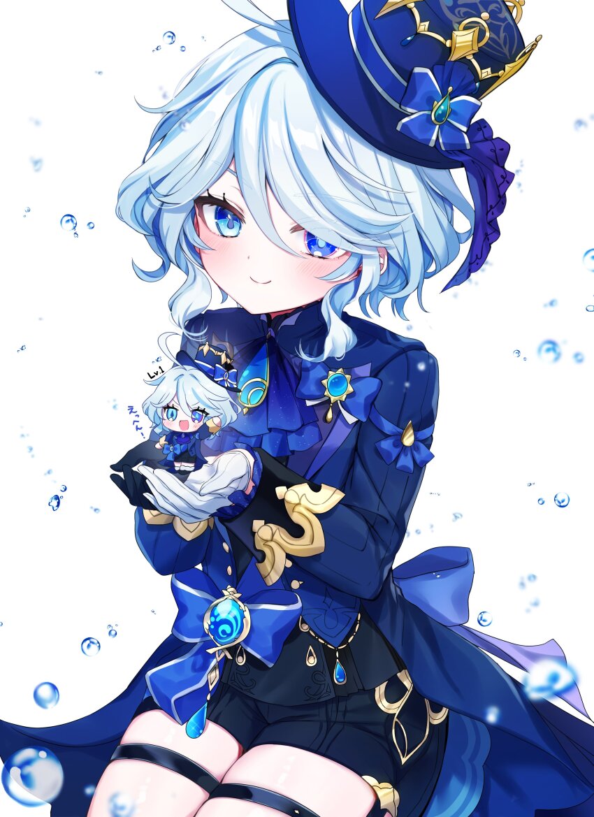 1girl absurdres ahoge ascot asymmetrical_gloves black_bow black_gloves black_shirt blue_ascot blue_bow blue_brooch blue_cape blue_eyes blue_gemstone blue_hair blue_headwear blue_jacket blush bow cape chibi closed_mouth commentary_request dot_nose furina_(genshin_impact) furrowed_brow gem genshin_impact gloves gold_trim hair_between_eyes hands_up hat hat_bow heterochromia highres hydro_symbol_(genshin_impact) ineka_ka jacket light_blue_hair long_bangs long_sleeves looking_at_viewer mismatched_gloves mismatched_pupils shirt short_hair simple_background single_hair_intake smile swept_bangs thigh_strap thighs top_hat waist_bow waist_brooch waist_cape water_drop wavy_hair white_background white_gloves