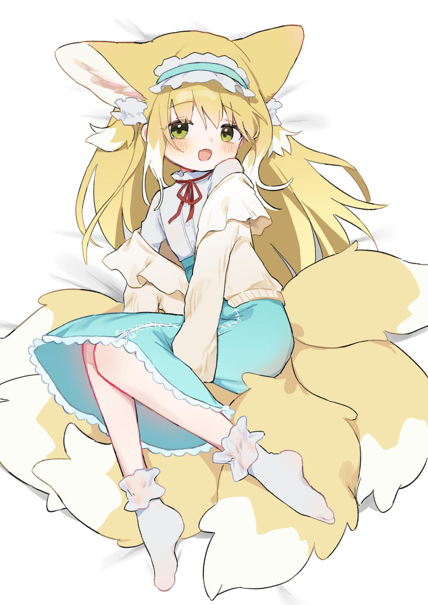 1girl absurdres animal_ears arknights blonde_hair bobby_socks cardigan commentary fox_ears fox_girl fox_tail frilled_hairband frills green_eyes hairband highres kitsune long_hair long_sleeves multiple_tails neck_ribbon no_shoes official_alternate_costume red_ribbon ribbon shirt skirt socks solo suzuran_(arknights) suzuran_(spring_praise)_(arknights) tail unitedunti white_shirt white_socks yellow_cardigan
