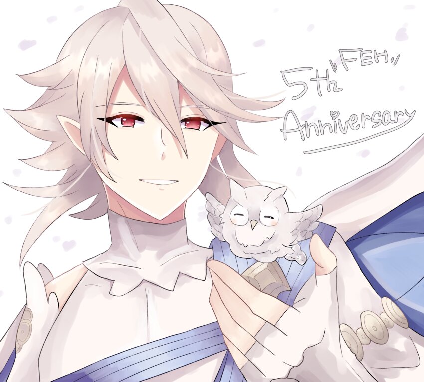 1boy ^_^ absurdres anniversary bird closed_eyes commentary_request copyright_name corrin_(male)_(adrift)_(fire_emblem) corrin_(male)_(fire_emblem) feh_(fire_emblem_heroes) fire_emblem fire_emblem_fates fire_emblem_heroes grey_hair hair_between_eyes highres loose_hair_strand male_focus medium_hair n_54 nintendo official_alternate_costume owl red_eyes smile upper_body white_background