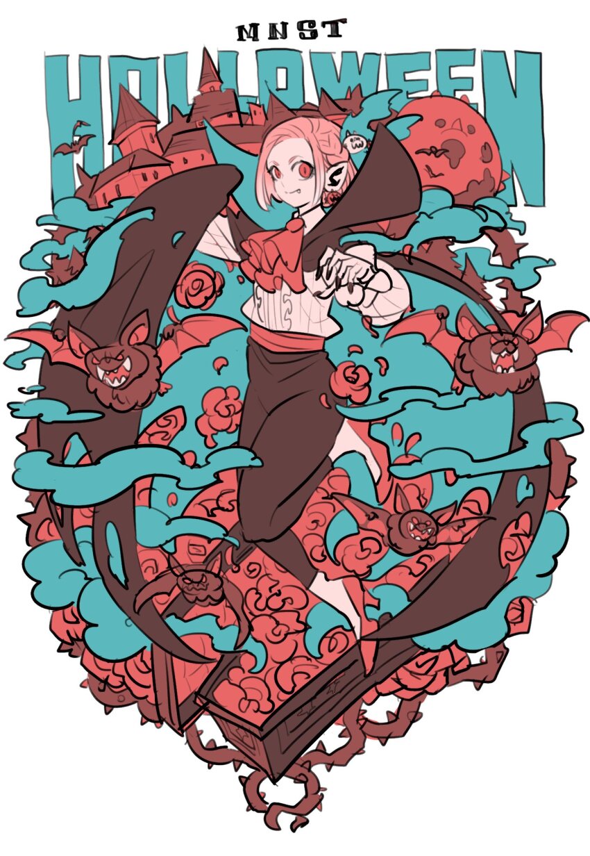 1girl arthur_(monster_strike) bat_(animal) black_cape black_nails black_pants braid cape commentary_request cosplay dracula dracula_(cosplay) fangs flower full_body halloween high_collar high_heels highres looking_at_viewer monster_strike pants pink_hair pointy_ears red_flower red_footwear red_rose rose smile solo takeuchi_ryousuke