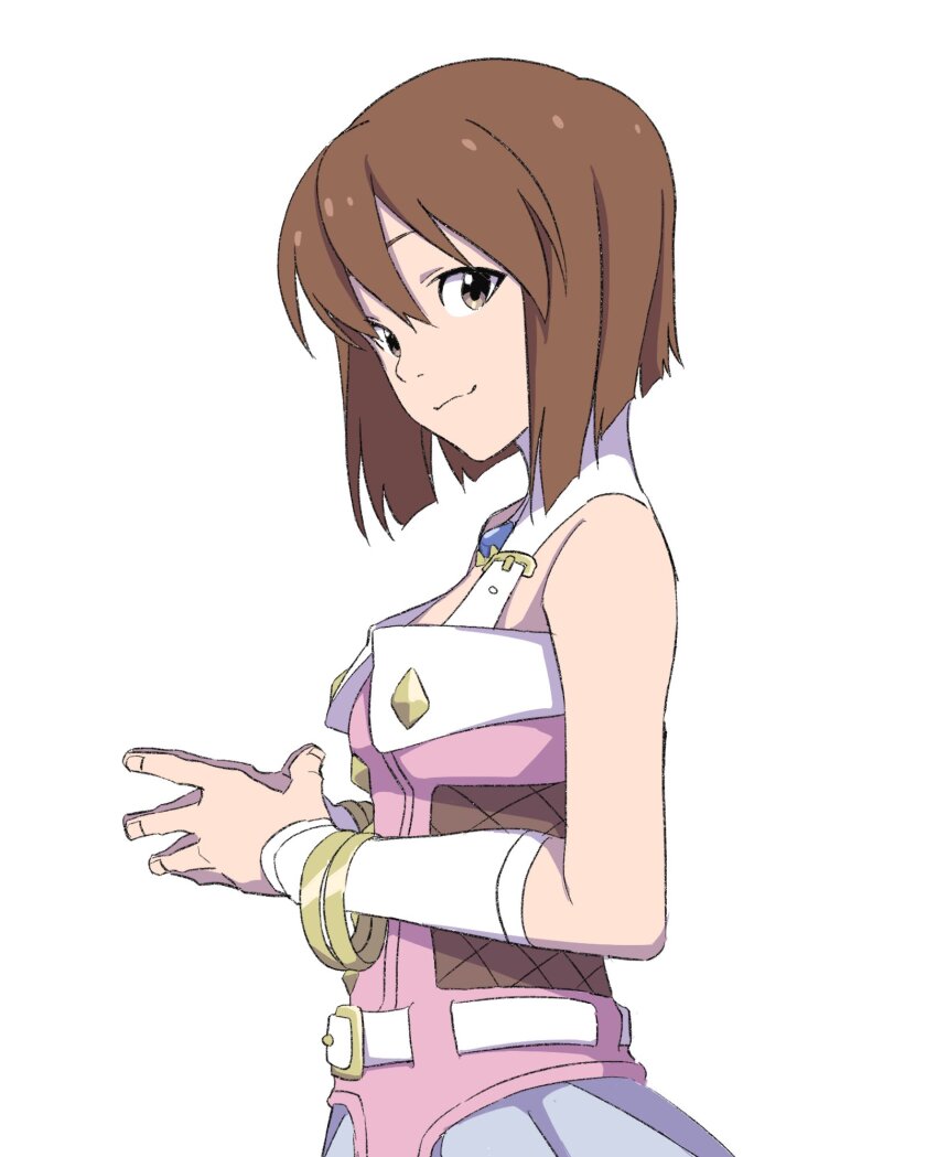 1girl bare_shoulders belt blue_brooch bob_cut bracelet breasts brown_eyes brown_hair closed_mouth detached_sleeves dress fishnet_cutout fishnets from_side hagiwara_yukiho hands_up highres icy idolmaster idolmaster_(classic) idolmaster_million_live! idolmaster_million_live!_theater_days jewelry looking_at_viewer luxury_(idolmaster) medium_breasts multiple_bracelets pink_diamond_765_(idolmaster) short_hair simple_background smile solo standing steepled_fingers two-tone_dress white_background white_belt white_sleeves