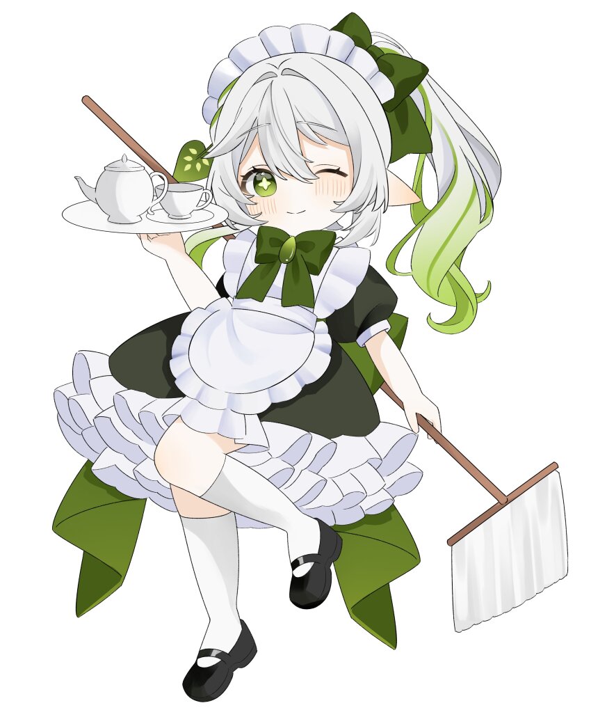 1girl ;) absurdres alternate_costume apron black_dress black_shoes blonde_hair blush bow bowtie closed_mouth commentary_request cup dress enmaided frilled_apron frilled_hairband frills full_body genshin_impact gradient_hair green_bow green_bowtie green_eyes green_hair hair_between_eyes hair_ornament hairband highres holding holding_mop holding_tray kumane_(osakanadonn) leaf_hair_ornament long_hair looking_at_viewer maid maid_apron maid_headdress mary_janes mop multicolored_hair nahida_(genshin_impact) one_eye_closed petticoat pointy_ears puffy_short_sleeves puffy_sleeves shoes short_sleeves side_ponytail simple_background smile socks solo star-shaped_pupils star_(symbol) symbol-shaped_pupils teacup teapot tray white_apron white_background white_hair white_hairband white_socks
