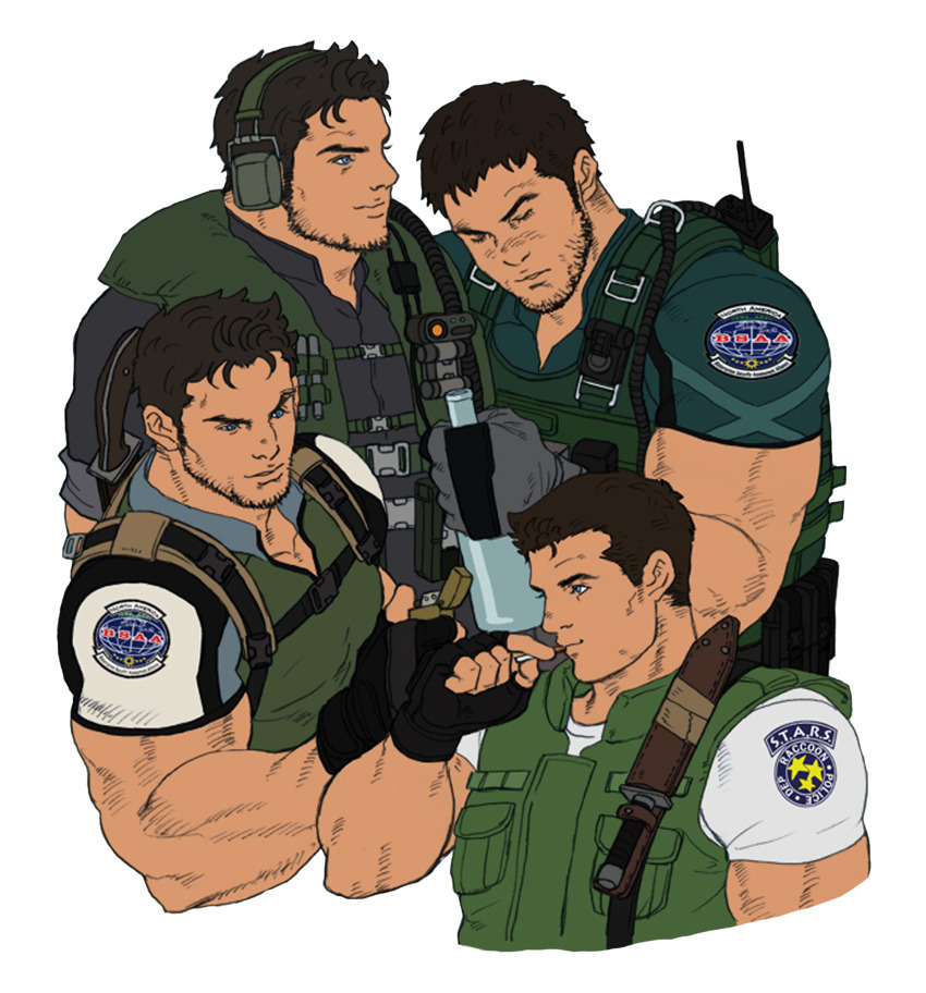 4boys beard_stubble blue_eyes bottle brown_hair bulletproof_vest chest_harness chris_redfield cigarette closed_eyes commentary_request cropped_torso facial_hair fingerless_gloves gloves green_vest harness hereticanthemthed highres holding holding_bottle holding_cigarette holding_lighter knife_sheath lighter male_focus multiple_boys multiple_persona muscular muscular_male resident_evil resident_evil:_revelations resident_evil:_revelations_2 resident_evil_1 resident_evil_5 sheath sheathed shirt short_hair simple_background stubble tight_clothes tight_shirt time_paradox vest white_background