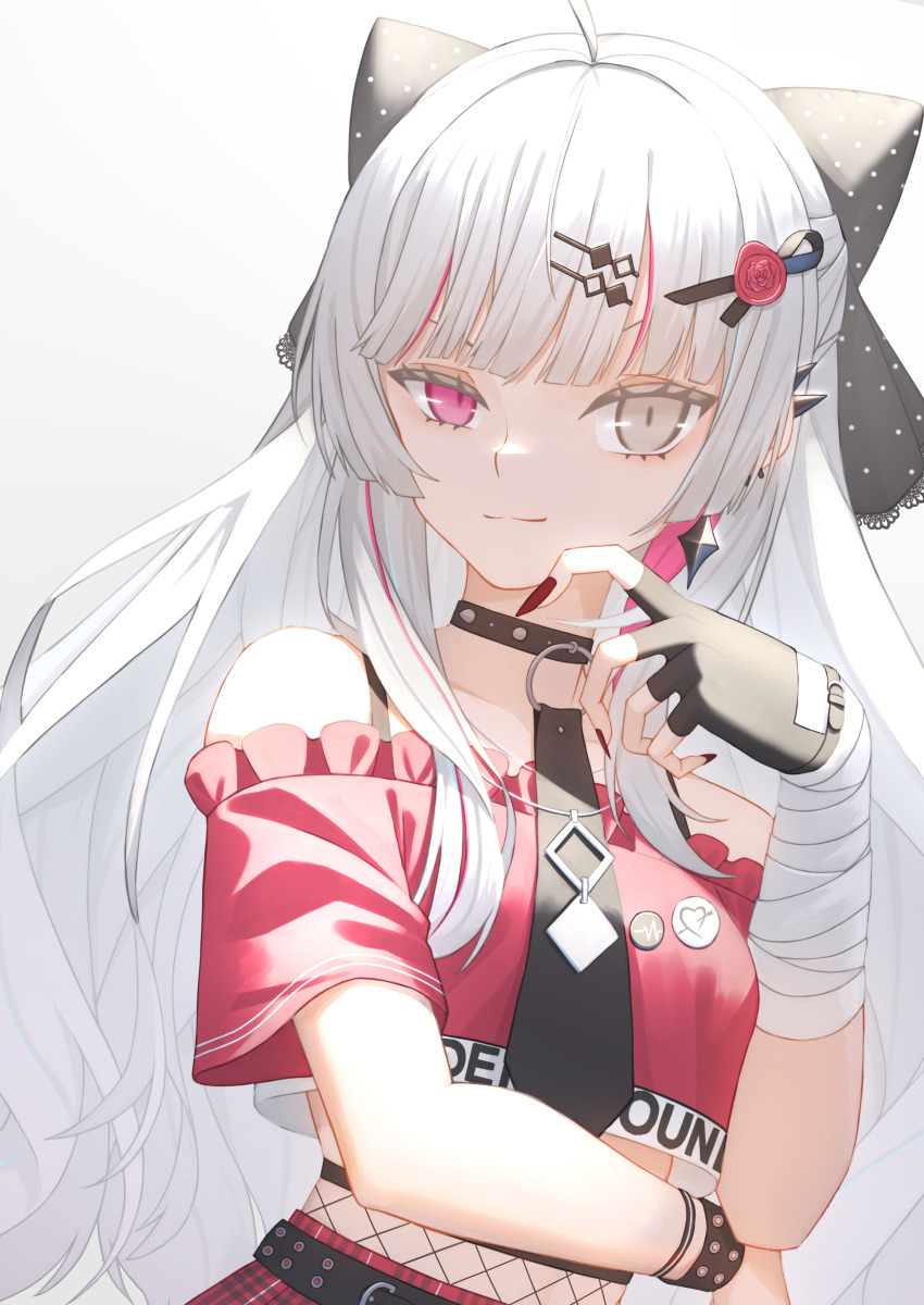 1girl absurdres ahoge bare_shoulders bow bracelet choker fingerless_gloves fingernails gloves grey_eyes hair_bow hair_ornament hairclip heterochromia highres hoshi_shimeji_(yuki-e-toriusu1) ishigami_nozomi ishigami_nozomi_(1st_costume) jewelry long_hair looking_at_viewer nail_polish nijisanji pink_eyes sharp_fingernails single_fingerless_glove solo uneven_eyes white_hair