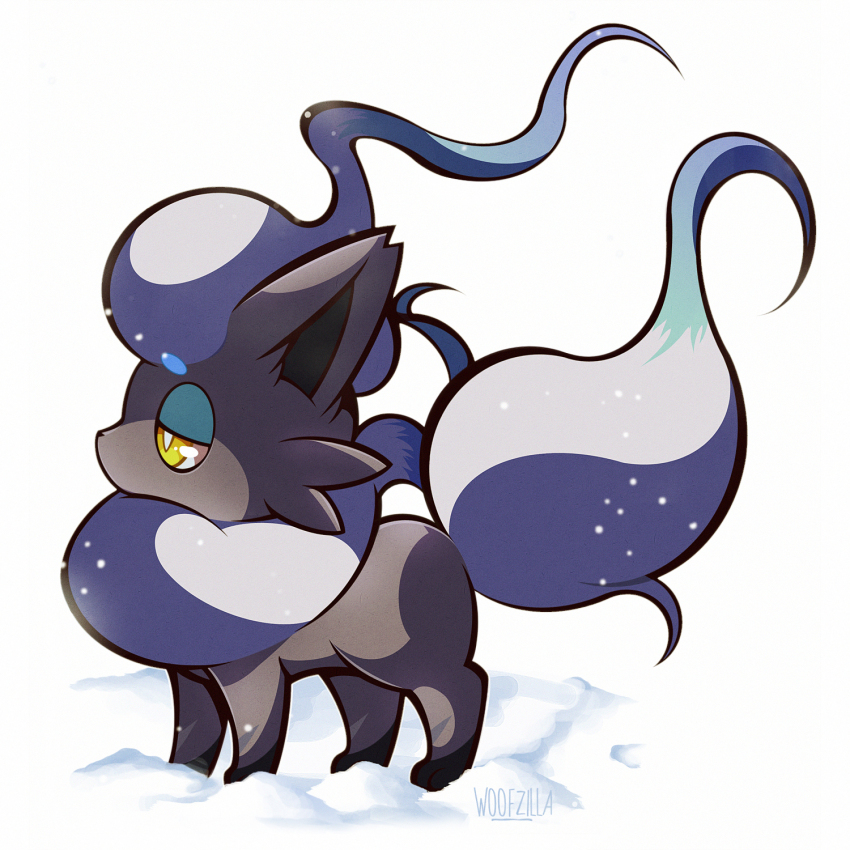 alternate_color animal_focus bright_pupils commentary english_commentary from_side full_body highres hisuian_zorua nintendo no_humans pokemon pokemon_(creature) shiny_pokemon simple_background snow snowing solo white_background white_pupils woofzilla yellow_eyes